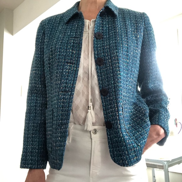 Vintage Women's Turquoise Blue Tweed Eclectic Grandpa Jacket size 8 - Picture 9 of 10